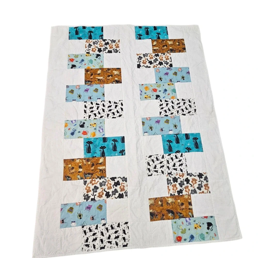 Handmade Cat Lover Quilt Patchwork White Blue Brown Kitten Adult Throw Blanket